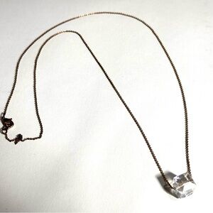 Clear Glass Crystal Single Cube Pendant Necklace Gold Tone Chain 31 inch